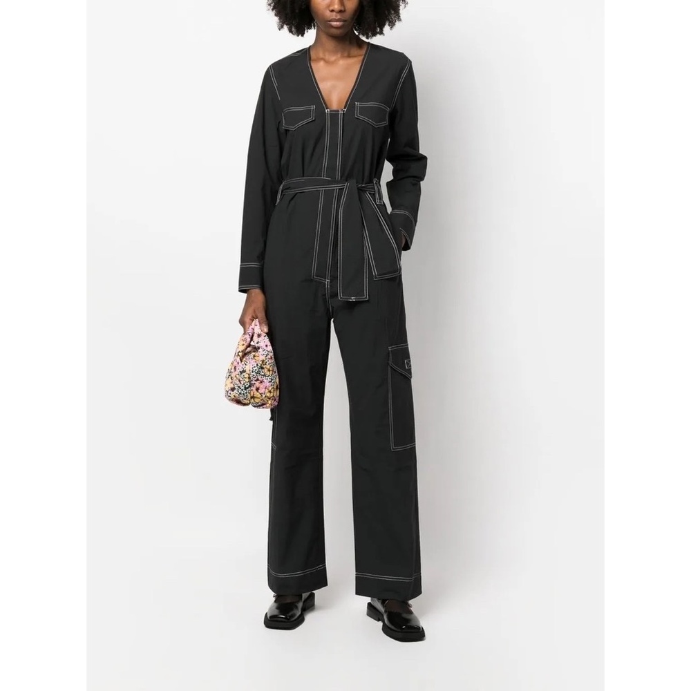 NWT!! GANNI Belted Contrast-Stitch Jumpsuit Black Cargo Pockets Organic Cotton 8